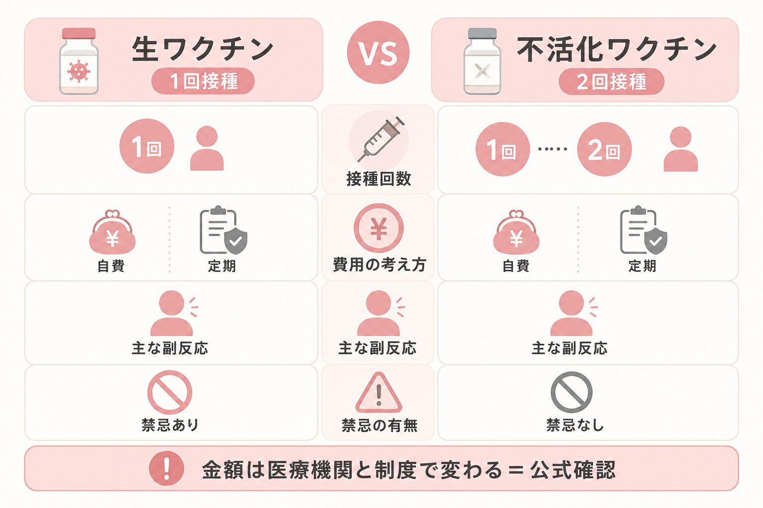 生ワクチンと不活化ワクチンの接種回数・費用・注意点を対比した比較図