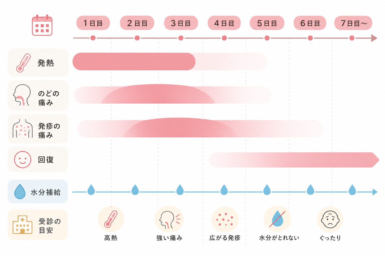 ヘルパンギーナと手足口病にかかった大人の症状が治るまでの経過の目安を示すタイムライン図。