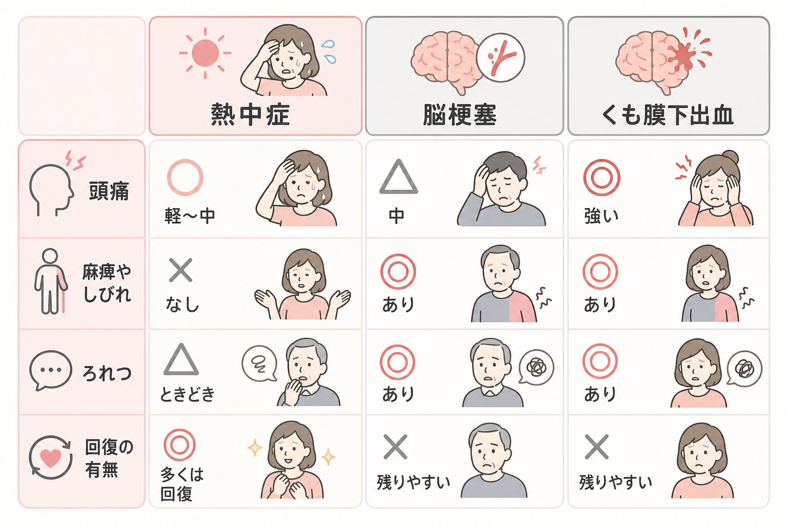 熱中症と脳梗塞・くも膜下出血の症状の違いを比較した表の図