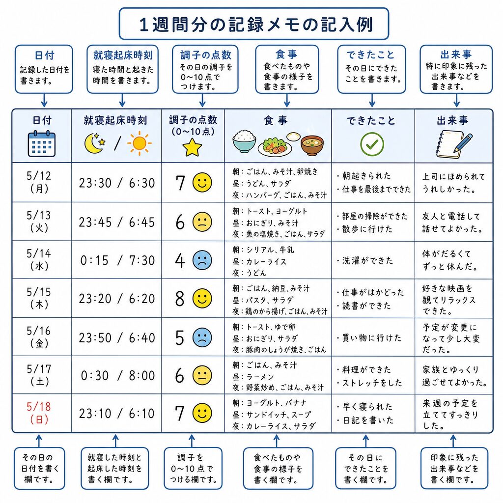 受診前に書いておく1週間の体調記録メモの記入例