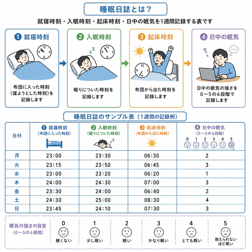 1週間分の睡眠記録シートの記入例を示した図