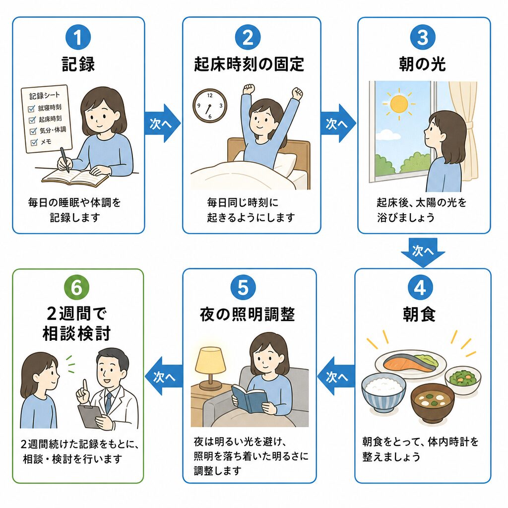 朝起きられないときに家で試す6つの手順の流れ図