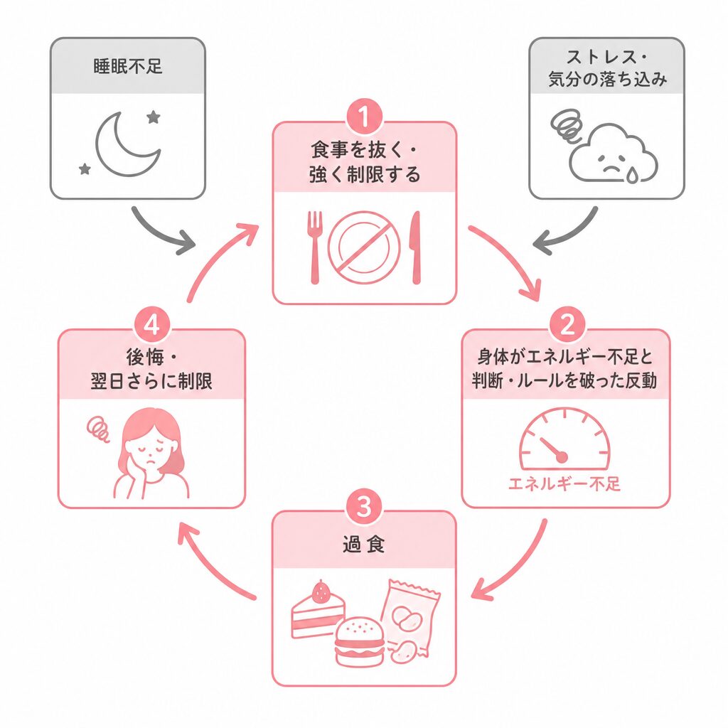 食事の制限と過食と後悔がくり返しになる仕組みを示した図