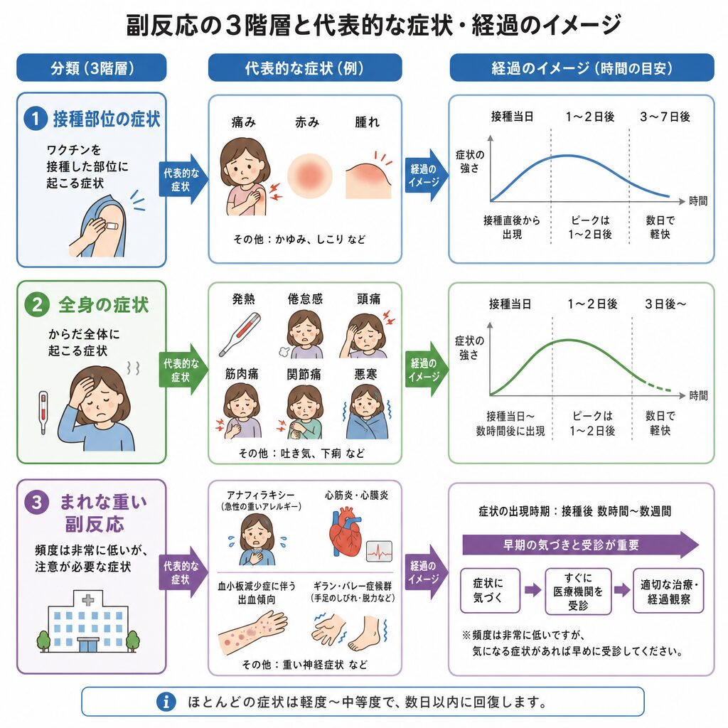 子宮頸がんワクチンの副反応を接種部位・全身・まれな重い症状の3つに分類した図
