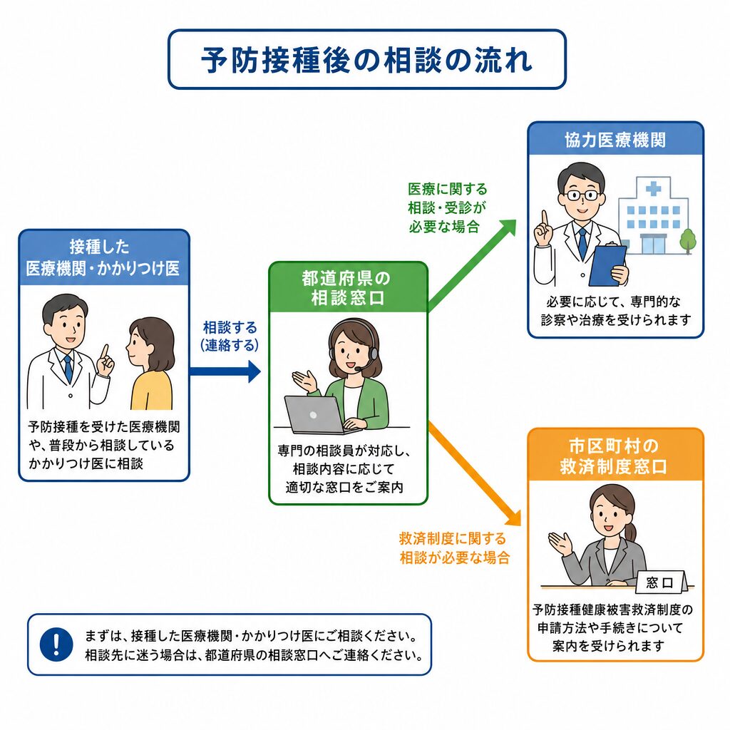 HPVワクチン接種後に症状が続くときの相談先と手続きの流れを示した図