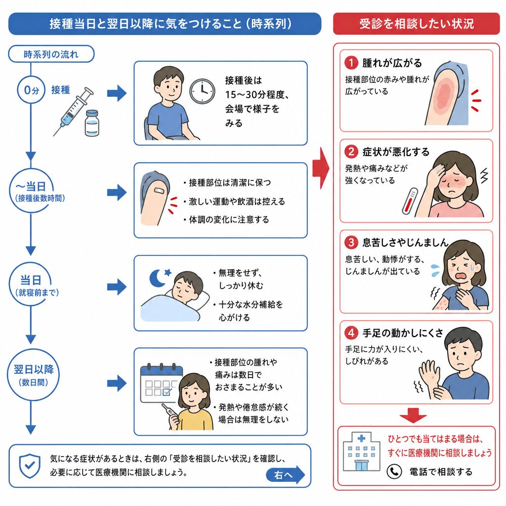 接種当日から数日間の過ごし方と受診を相談する状況の図