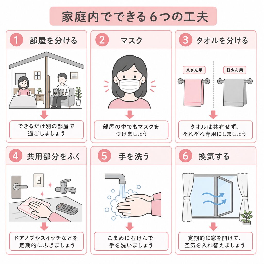 家庭でインフルエンザの広がりを抑える6つの工夫を示した図