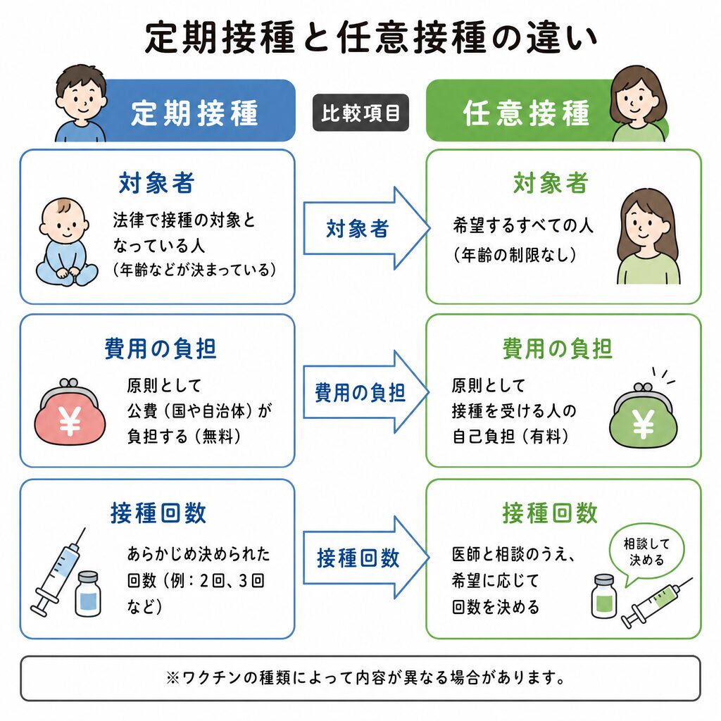 インフルエンザ予防接種の定期接種と任意接種の違いを比較した図
