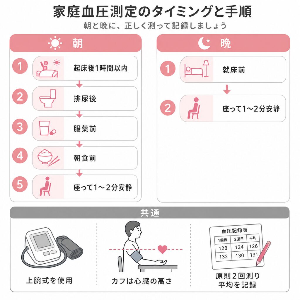 朝と晩の家庭血圧の測り方と記録の手順を示した図