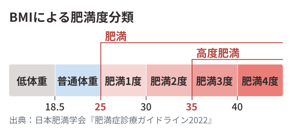 BMIによる肥満度分類の図。18.5未満は低体重、18.5以上25未満は普通体重、25以上30未満は肥満1度、30以上35未満は肥満2度、35以上40未満は肥満3度、40以上は肥満4度。25以上を肥満、35以上を高度肥満と呼ぶ。出典は日本肥満学会『肥満症診療ガイドライン2022』