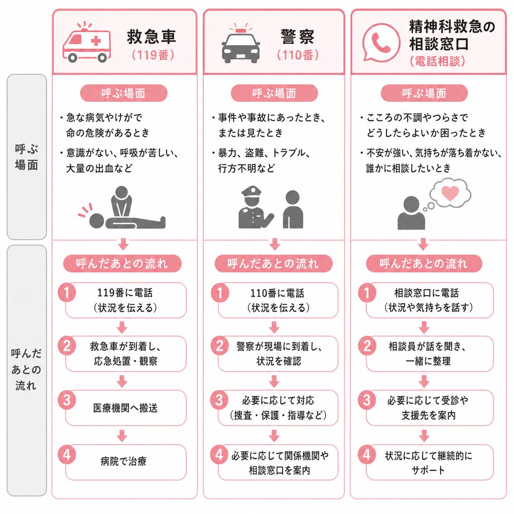救急車・警察・精神科救急相談窓口の使い分けを示した比較図